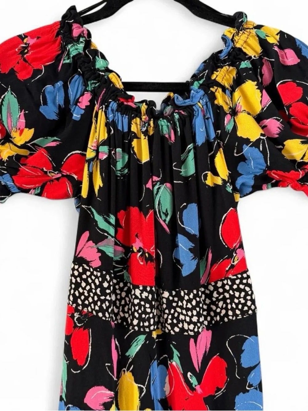 RIXO Black Maxi Dress with Bright Floral Print And Polka Dots-Size XS - Picture 2 of 4